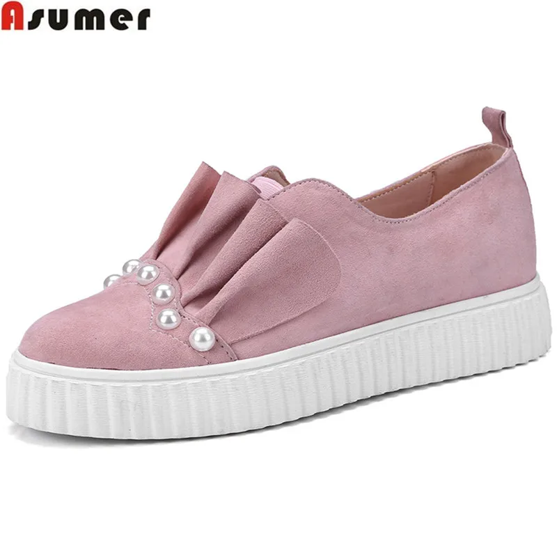 

ASUMER 2020 fashion spring autumn flat shoes woman round toe casual comfortable women suede leather shoes ruffles flats
