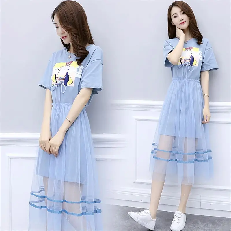 

2 Piece Women Summer Shirt Dress T Shirt Voile Skirt 25