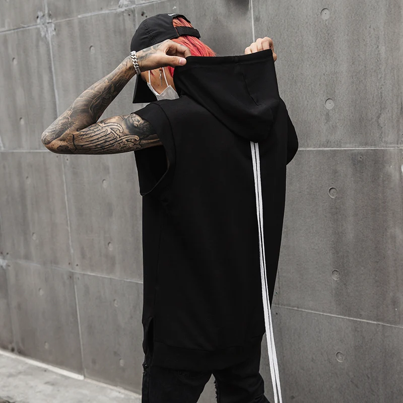 

95% Cotton Summer sleeveless hoodie men with hood Solid Black color Punk rock style Split side