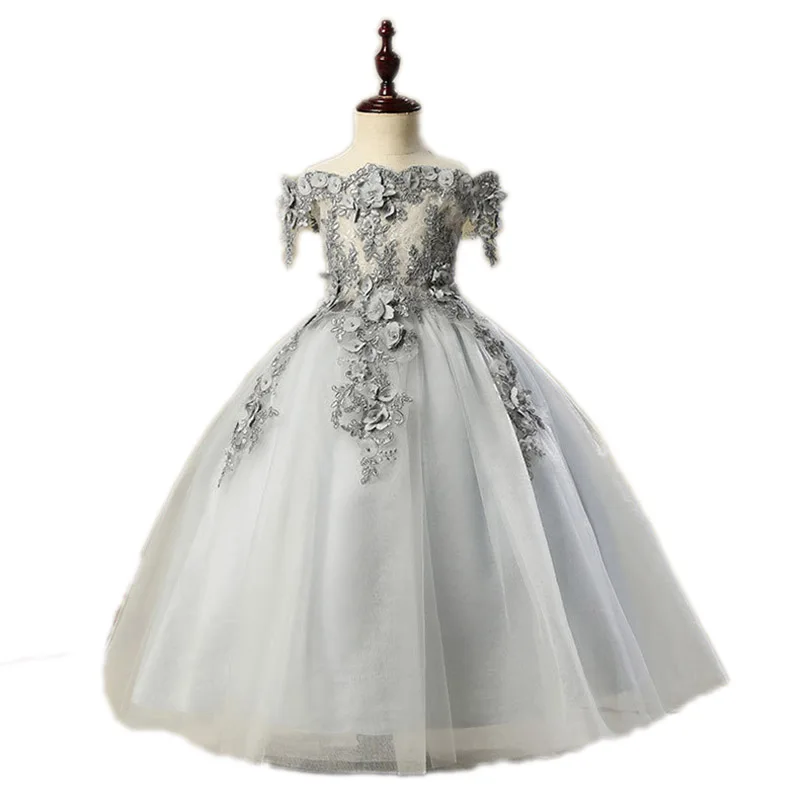 

2018 New Kids Shoulderless Princess Flowers Birthday Party Dress Fashion Elegant Wedding Formal Party Costume Long Dress E135