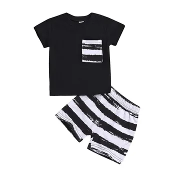

2019 Summer New Fashion Baby Boys cotton black tops + striped short pants 2PC clothes set for boys 3-18m