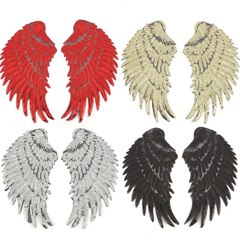 

1Pair DIY Angel Wings Patches For Kids Clothes Sew-on Embroidered Patch Motif Applique Sticker Sliver Gold Red Black Sequins