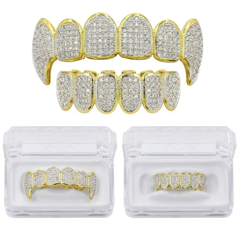 Gold Silver Luxury Rhinestone Vampire Grillz Set with Extra Silicone Bars Included Body Jewelry