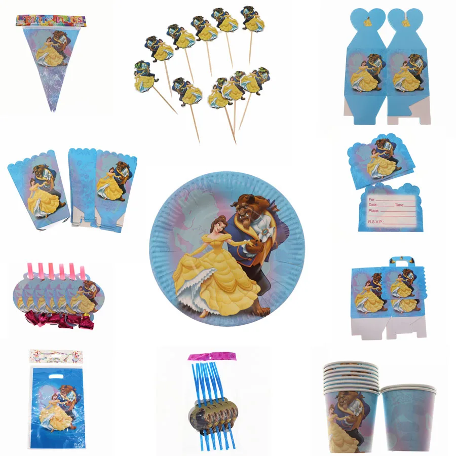 

6pcs/10pcs Beauty and the beast Plates Cartoon Plate Cup Card Christmas Child Happy Birthday Party Decoration Supplies