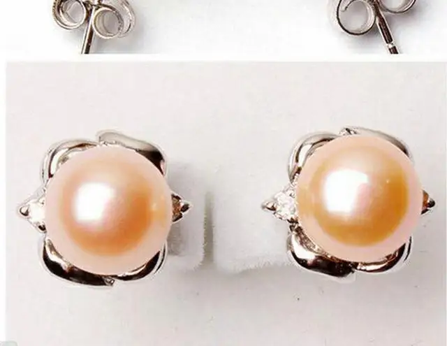 Women Jewelry Earring 10mm Bright Light Pink Round Pearl Stud Women Jewelry Earring 10mm Bright Light Pink Round Pearl Stud Carved Flower Natural Freshwater