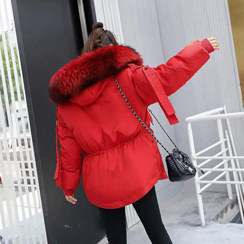 Fitaylor Parkas Mujer короткая зимняя куртка для женщин зимнее пальто с капюшоном Женская свободная парка с меховым воротником хлопковая стеганая куртка - Цвет: Red