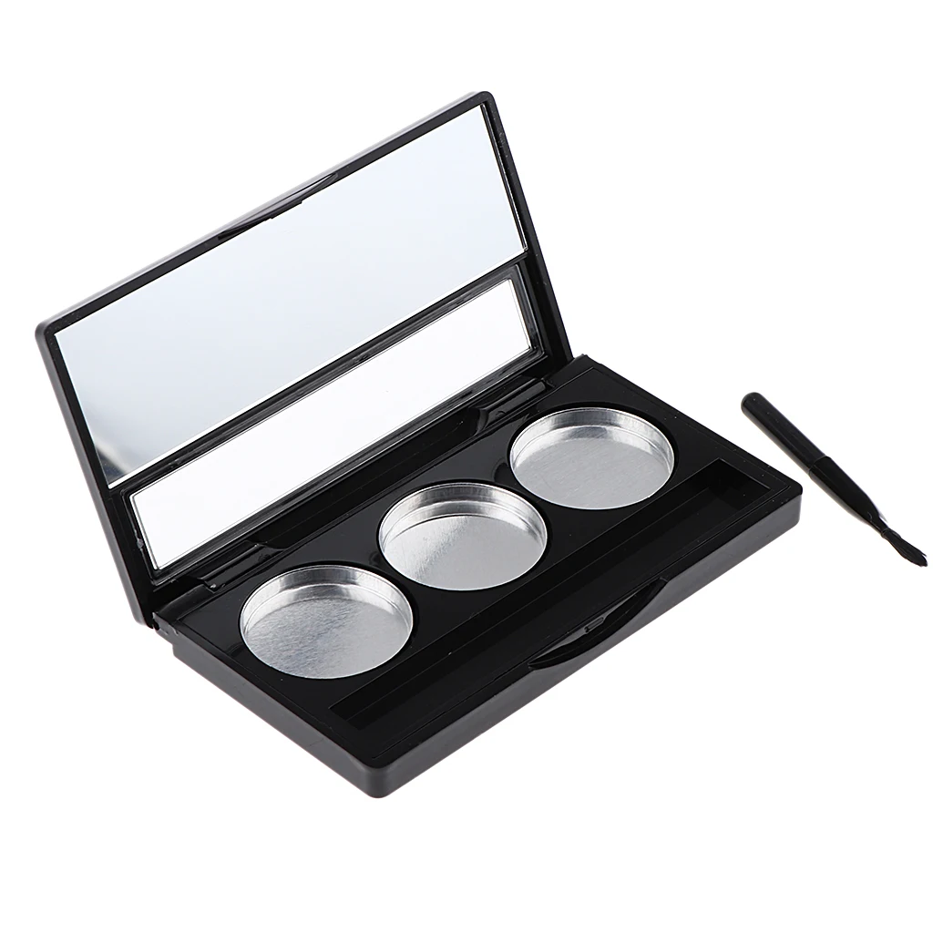 Empty 3 Slots Eyeshadow Lipstick Powder Box Case Cosmetic Packing Palette with Makeup Mirror and Brush, Square 9.2x5.1x1.1cm