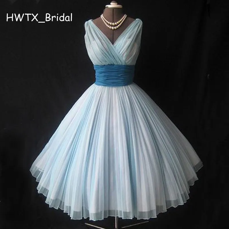 10.Cute Retro V Neck Light Blue Prom Dress,A Line Short Bridesmaid Dre_conew1