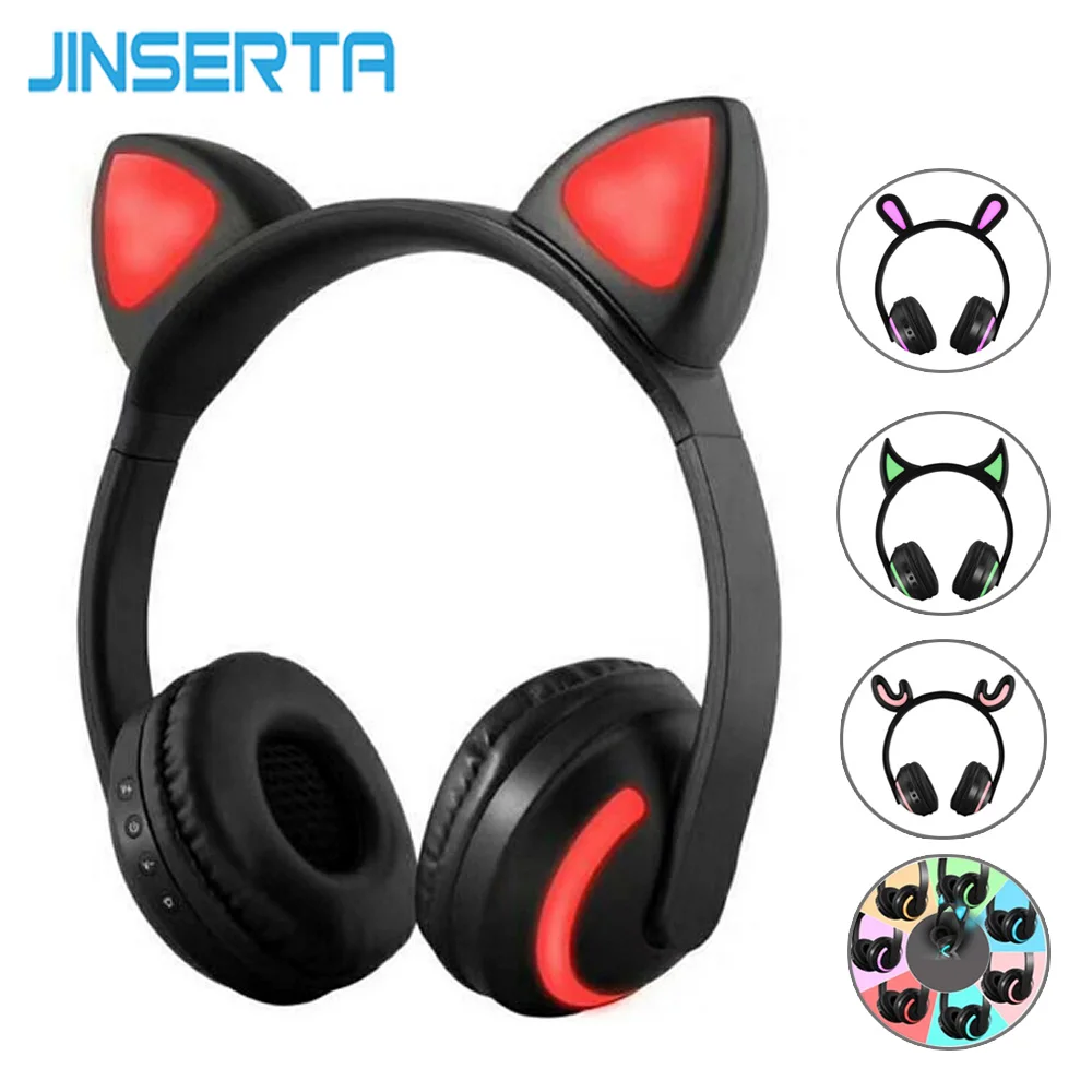 JINSERTA Cat Rabbit Deer Devil Ear Headphones 7 Color LED Flashing Glowing Wireless Bluetooth Headphone For Cosplay Kids Gaming