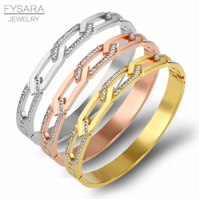 

FYSARA Fashion Hollow Chain Design Bangles & Bracelets For Women Crystals Charm Bangles Rose Gold Steel Color Punk Love Jewelry
