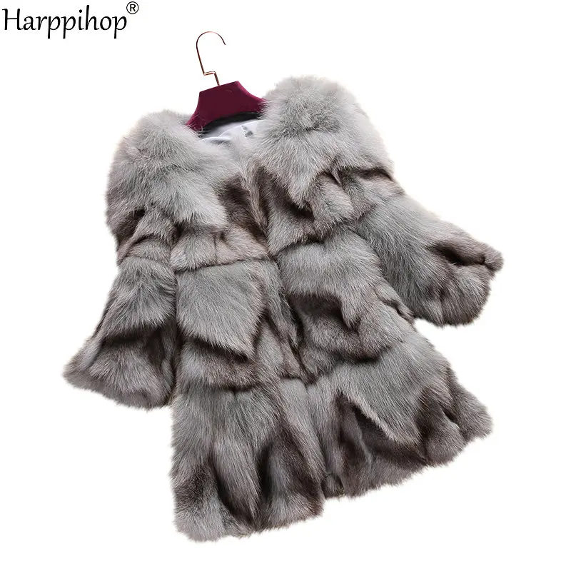 Реальный, натуральный, подлинный лисий мех пальто Женская мода три четверти рукав куртка Женское пальто