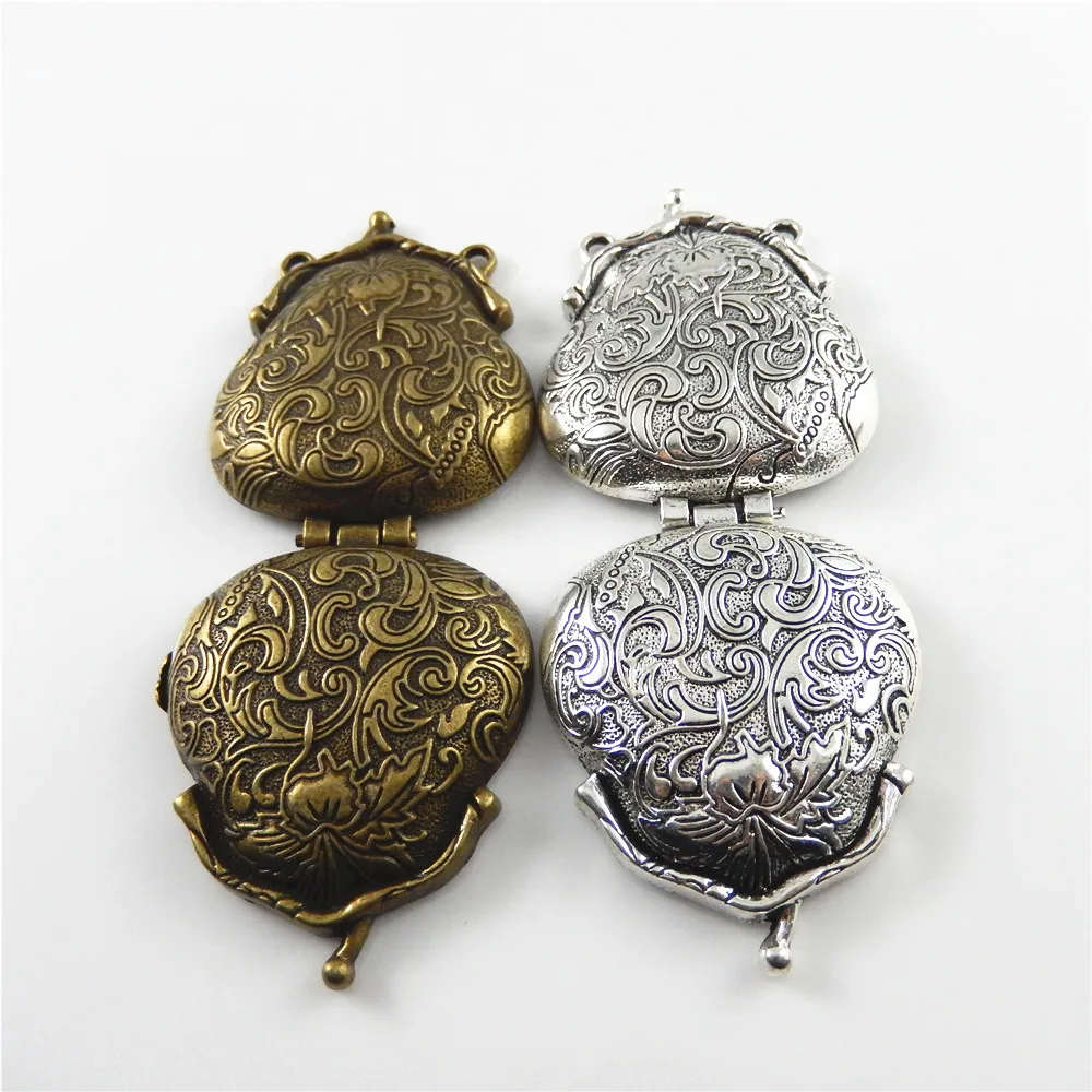 2piece)Mix Antique Silver Bronze Tone Ancient Purse Locket Alloy Charm Pendants 54*44mm OpenClose Top Jewelry Lover Gift 52609