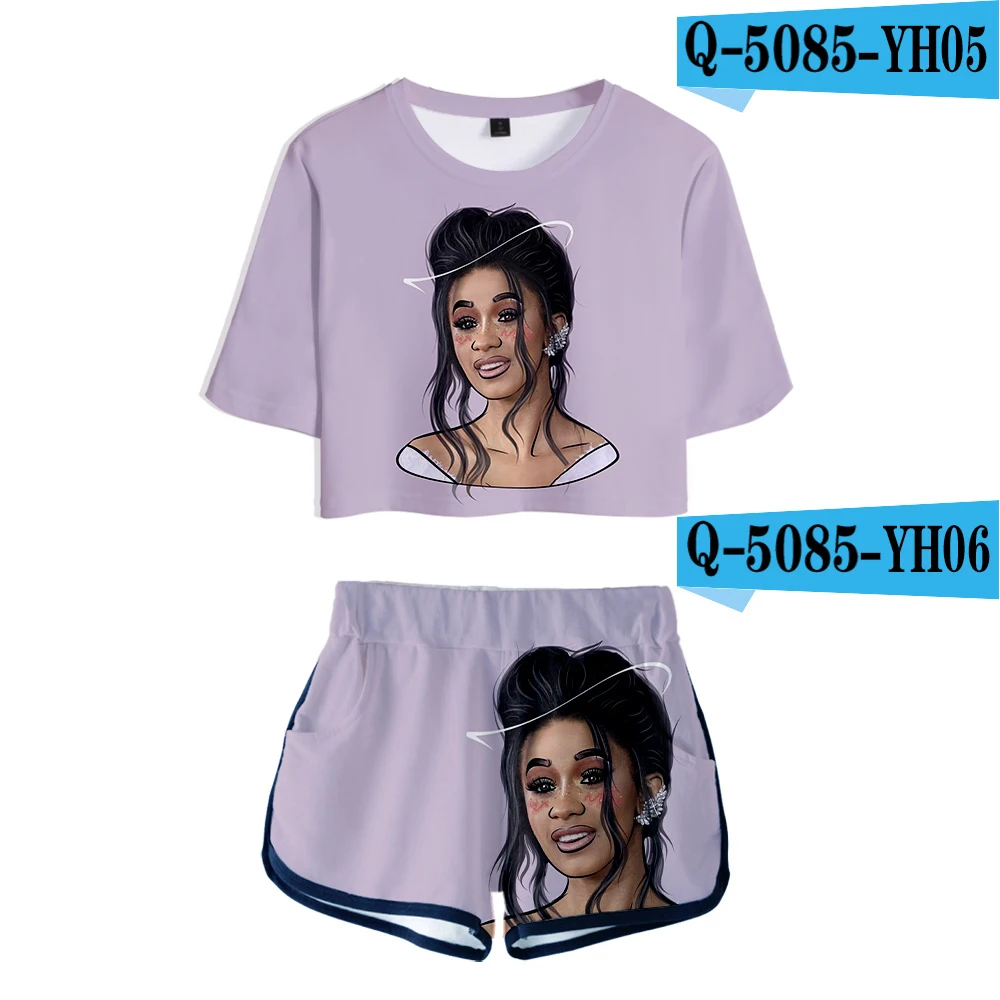 Q5085 Женская одежда, 2 предмета, женский розовый костюм Cardi B, футболка с 3D принтом, женский костюм, шорты, летний укороченный топ из 2 предметов, ансамбль женский - Цвет: Q5085