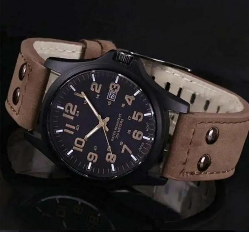Горячая Распродажа, брендовые новые мужские модные спортивные часы, мужские военные кожаные высококачественные кварцевые наручные часы коричневого цвета