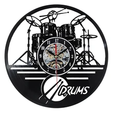 Hot Vinyl Record Wall Clock Guitar Drums Set Art Watch Clock Mechanism Black LED Backlight Home Decorative
