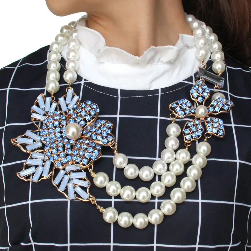 MANILAI Bohemian Multilayers Simulated Pearl Rhinestone Flower Statement Necklaces Women Handmade Collar Choker New Maxi Jewelry
