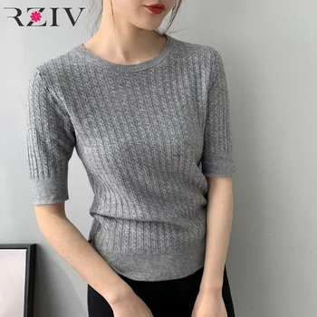 

RZIV Spring women sweater casual short sleeve solid color round neck sweater