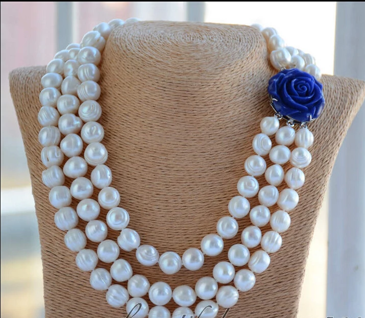 

Z6488 3strands 12mm almost round white screw thread freshwater pearl necklace AAA