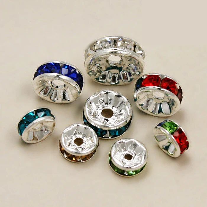 

6MM 8MM 10MM Metal Silver Plated Crystal Rhinestone Rondelle Spacer Beads Muyilcolor For Choose 10Pc Wholesale