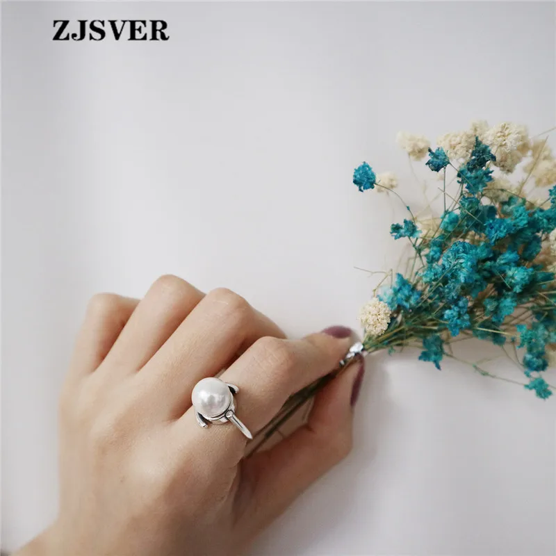 

ZJSVER Korean Jewelry 925 Sterling Silver Rings Trendy Simple Pearl Opening Adjustable Women Ring Attending Party Or Banquet