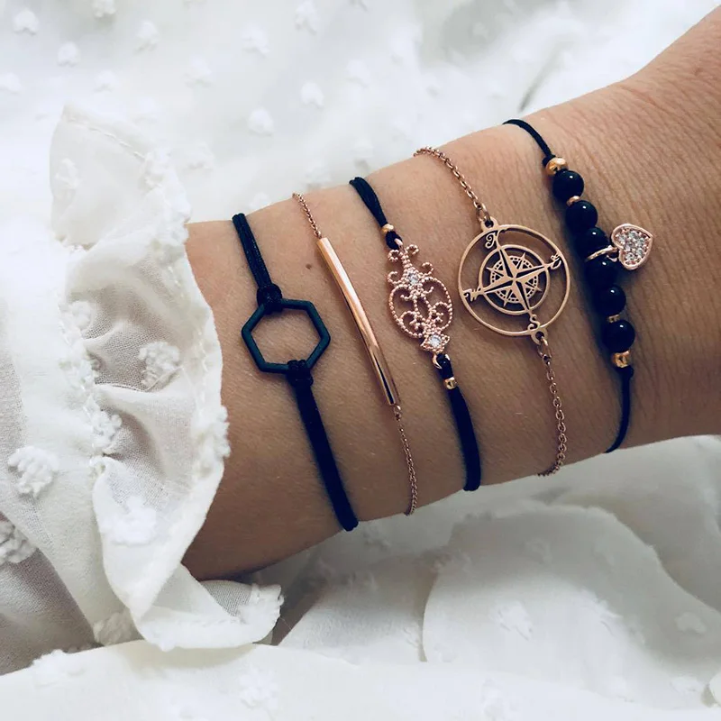 Личный Компас Тотем полые черные шестигранные цепи браслет набор для Женская циркониевая любовь вышитый бисером кулон браслеты и браслеты подарок
