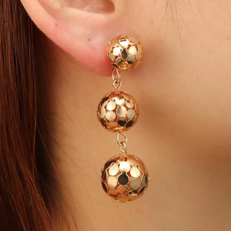 Hot Triple Gold Color Balls Drop Earrings for Women Charm Metal Ball