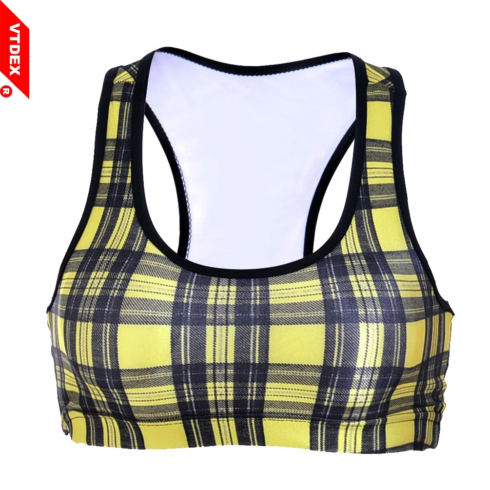 VTDEX Women Yellow Plaid Stripes Sports Bras Running GYM Padded Vest