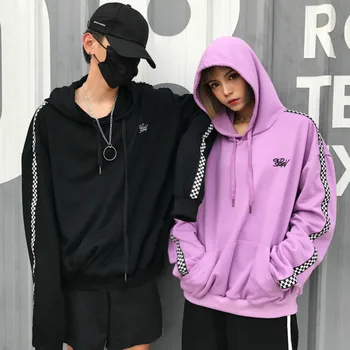 

Harajuku Fashion Plus Velvet Thicken Women Hoodies Chic Striped Plaid Hooded Sweatshirt Letters Embroidery Loose Women Pullovers
