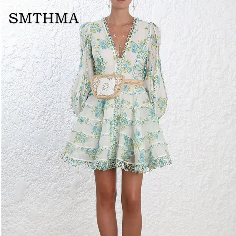 

High quality luxury runway 2019 Spring Printed Dresses Women Long Sleeve V Neck Sexy Mini Dress Female Fashion Elegant Clothes