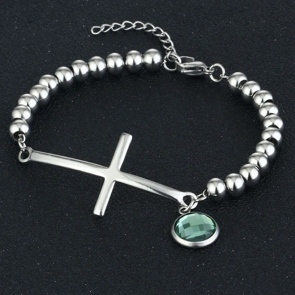 

Girls Gifts Statement Jewelry Stainless Steel Cuff Bracelet Women Charms Crystals Beads Cross Bracelets&Bangle Accessories MN40