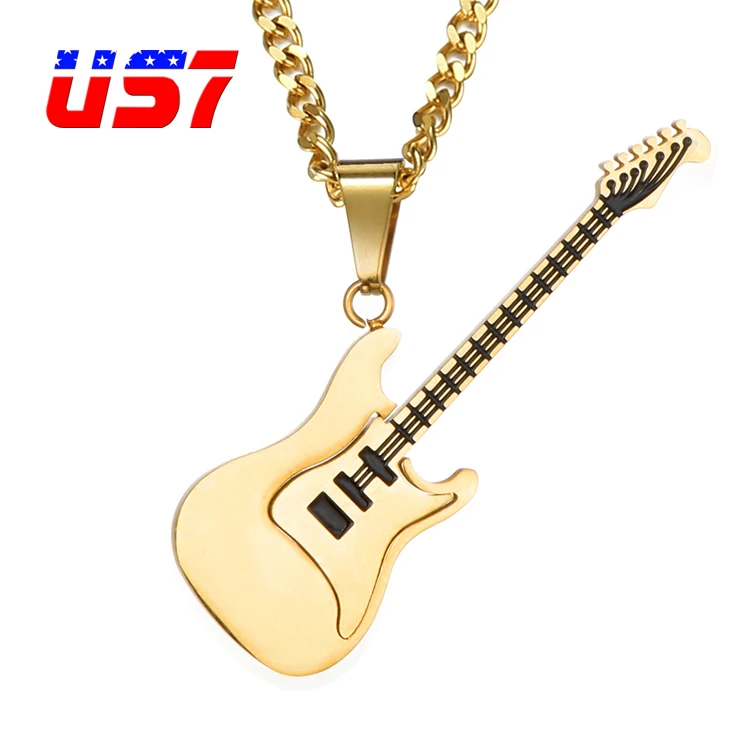 

US7 Rock Hip Hop Music Guitar Pendants Necklaces Stainless Steel Guitar Rapper Pendant For Men women Tools Music Jewelry