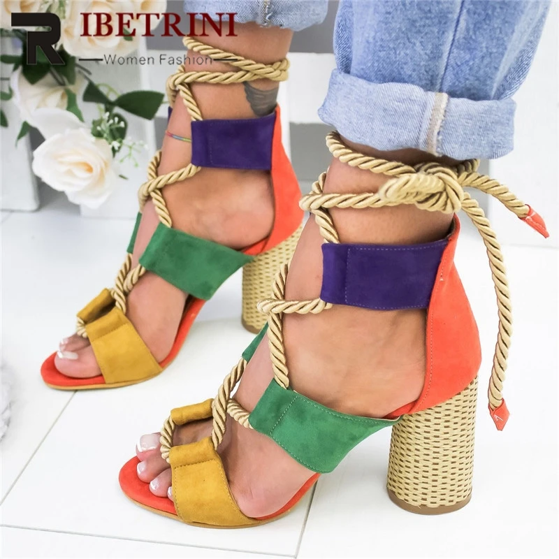 

RIBETRINI New INS Hot Sale Hemp Rope Gladiator Sandals Women 2019 Summer Fashion Large Size 35-43 Women High Heels Shoes Woman