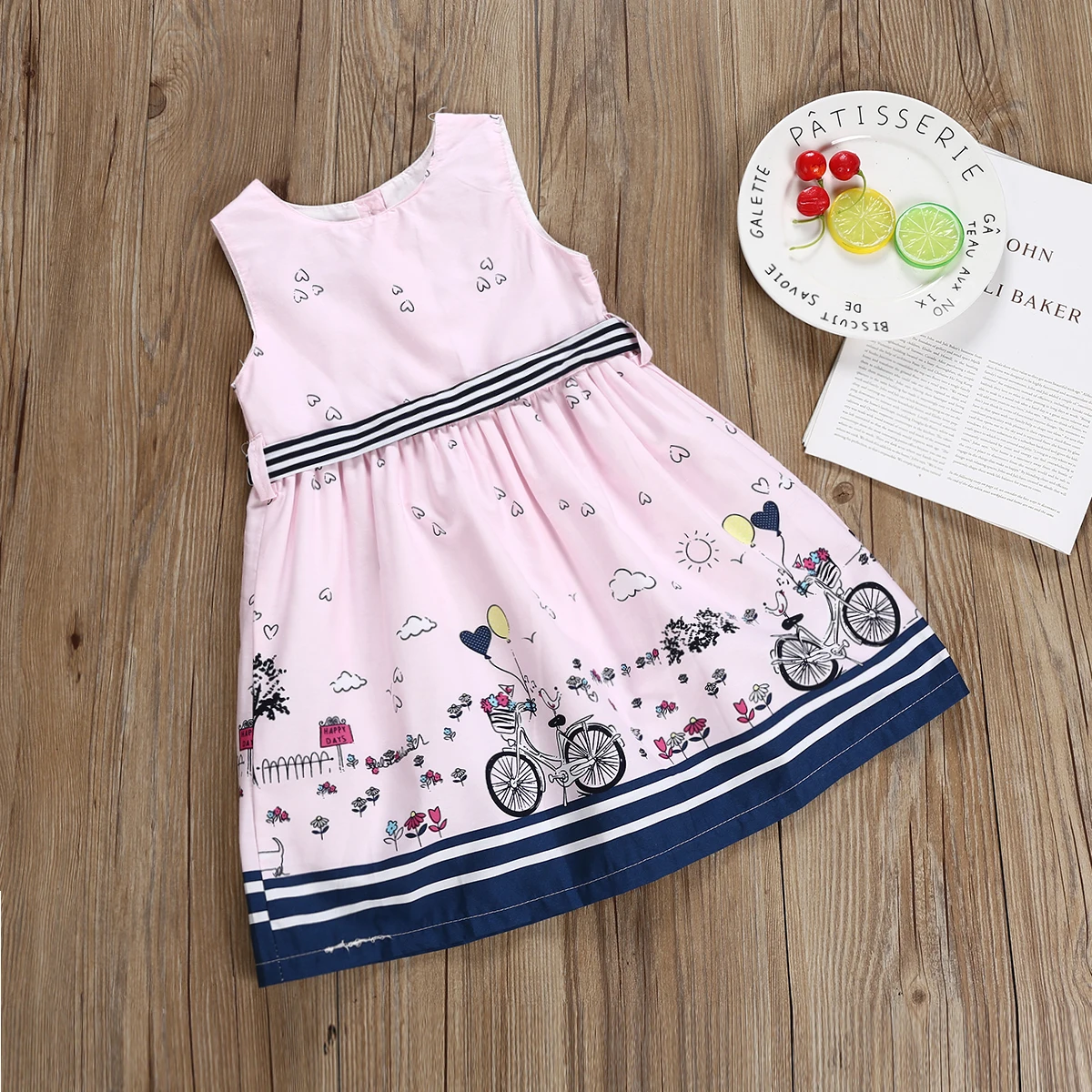 

Summer Girls Sleeveless Dress Pink Bicycle Girl Print Cotton Dresses Party Princess Dress Kids Dresses for Girls -7Years