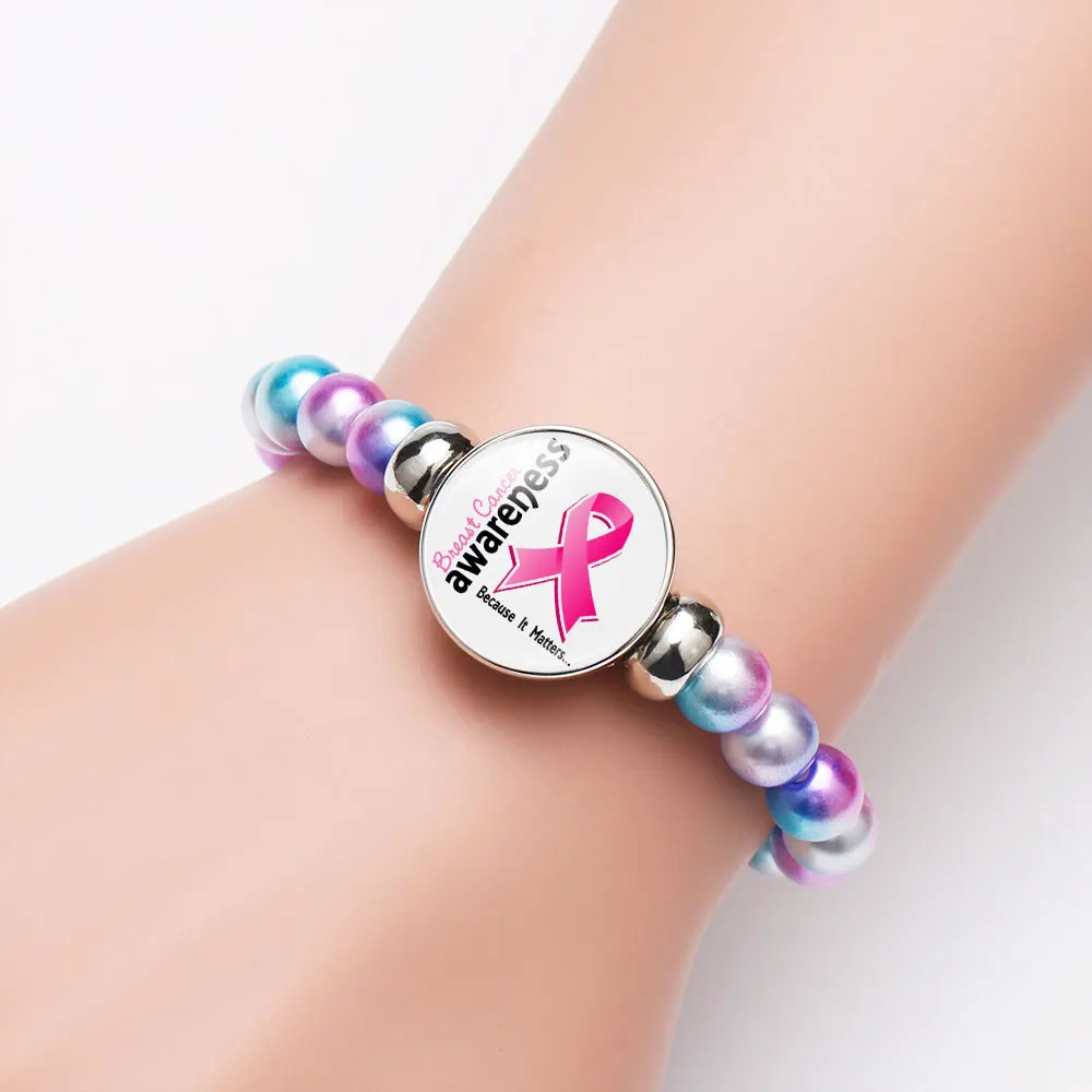 

Breast Cancer Awareness Pink Beaded bracelet Pendant Heart Snake Chain Charm Bracelet & Bangles Women Mother's Day Gift