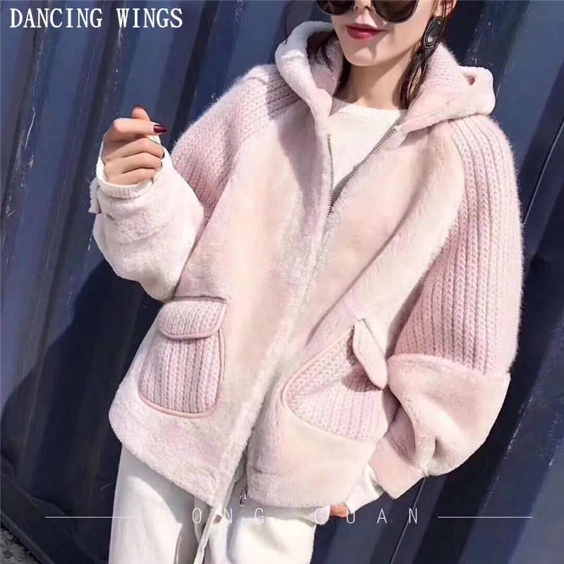 2018 New Style Real Natural Rex Rabbit Fur Coat Knitting Long Sleeve Double-faced Fur Loose Jacket Real Fur Hooded Coat Women