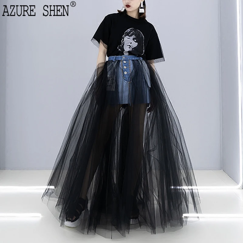 [EWQ] New Fashion Summer 2018 temperament lace-up button mesh loose stitching A-line denim skirt women QC975