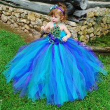 Элегантный костюм павлина для детей платье принцессы для девочек; длина по щиколотку, без рукавов вечерние платье на Рождество и Хеллоуин; Косплэй платье-пачка для девочек