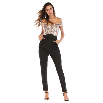

New 2018 Women's jumpsuit Bra Shoulders Sequins Splice pocket Sexy Rompers Summer Female Casual Jumpsuits Trousers A2240