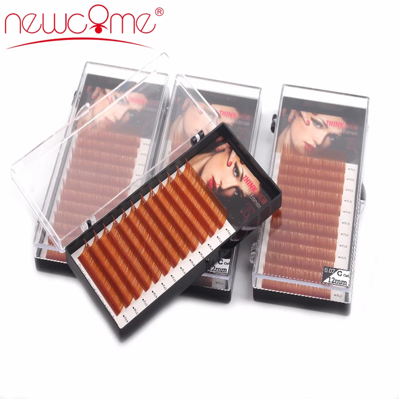 

NEWCOME 12Rows,Brown Color Eyelash Extension,Brown Long Eye Lashes 0.07 Curl C D Faux Mink False Eyelashes Professional Makeup