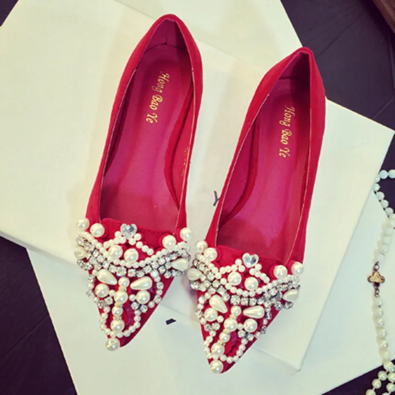 

2016 spring new fashion Women shoes pearl diamond wedding shoes red bridal shoes Women flats Large size 34-40
