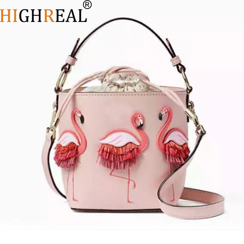 

Handmade Lace Flamingos Printing Drawstring Bucket Bags Pink PU Leather Shoulder Bags Unique Design Style Cross Body Totes