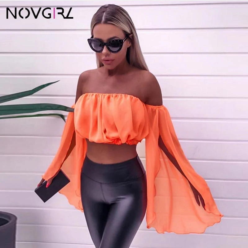 Женская неоновая блузка с открытыми плечами Novgirl оранжевая или зеленая шифоновая