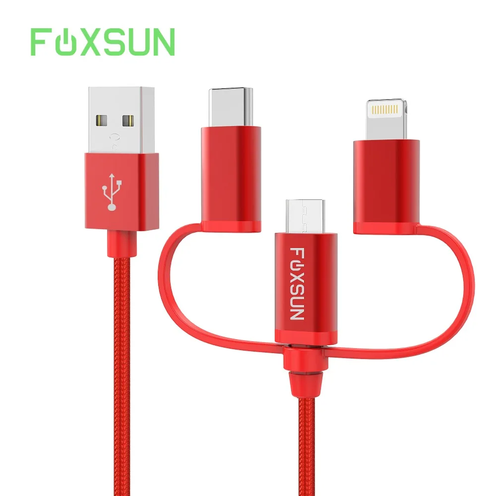 Foxsun 3 في 1 USB بيانات كابل شحن ل كابل البرق المصغّر usb كابل نوع-C كابل ل فون 8 7 6 سامسونج S8 هواوي Mate10