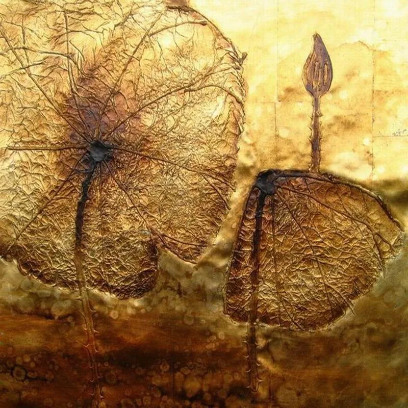 Abstract leaves painting on canvas,single golden leaves oil paintings