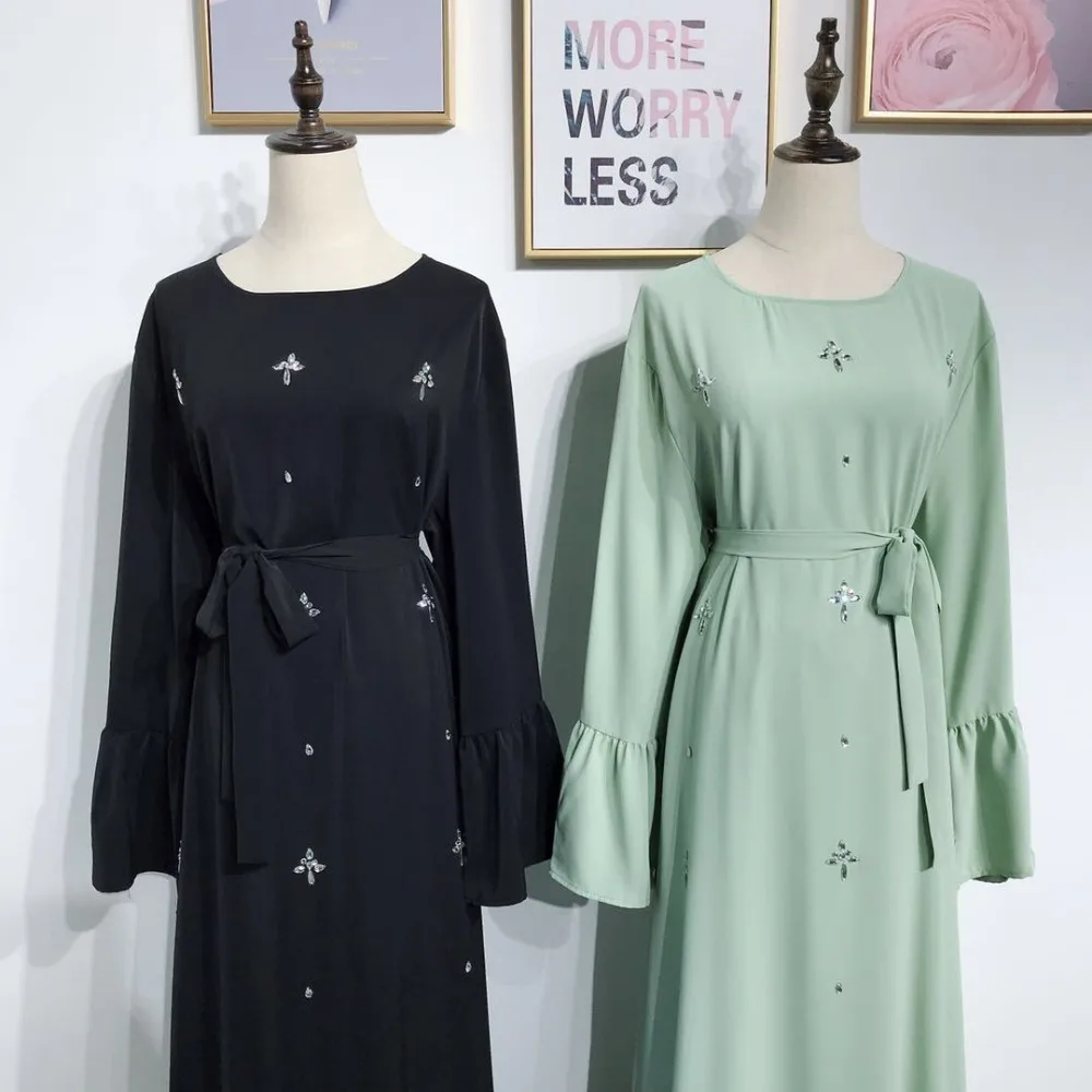 Модные алмазные бисерные мусульманские халаты syari Дубай Модные женские длинные оборками абайя мусульманские платья, робы с поясом Wq1947