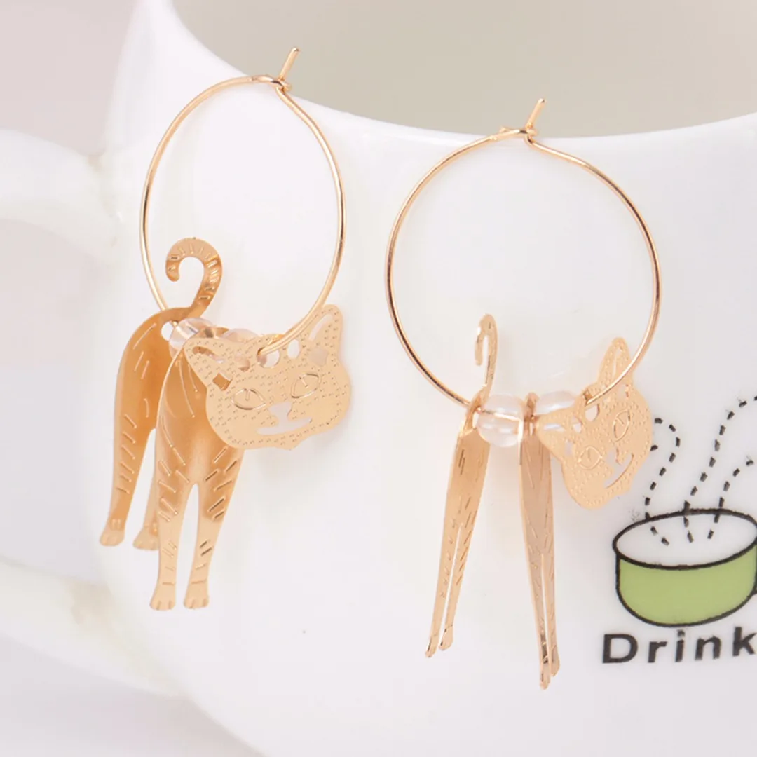 Cute Gold Cat Dangle Earrings Brincos Mujer Faux Pearl Circle Hook Earrings Pendientes For Women Fashion Jewelry Shellhard