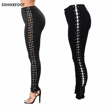 

Woman Europe And The United States 2019 Spring And Autumn Personality Casual Side Metallic Eyes Decoration Tie Rope Sexy Pants