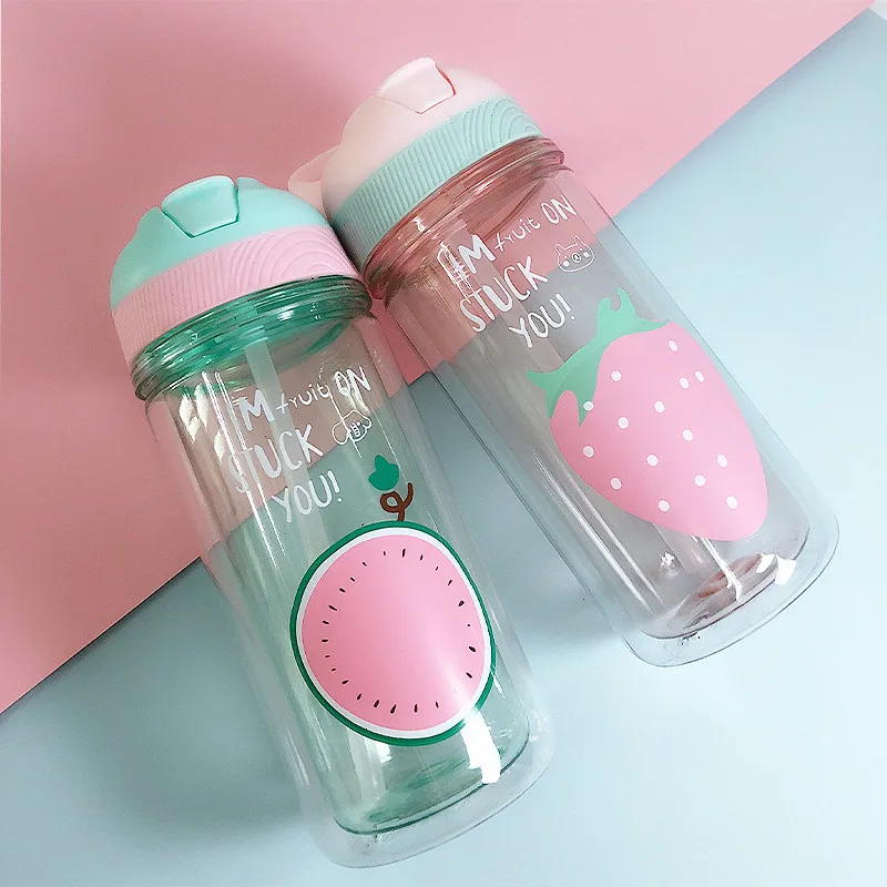 

Cartoon Water Bottle With Straw Double Layer Plastic Sports Portable Drinkware Kids Eco-friendly With Lid Tumbler BPA Free