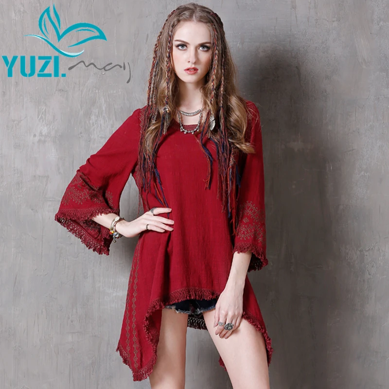 

Summer Dress 2017 Yuzi.may Vintage New Cotton-Linen Women Dresses O-Neck Loose Puls Size Asymmetrical Vestidos A8135 Vestido