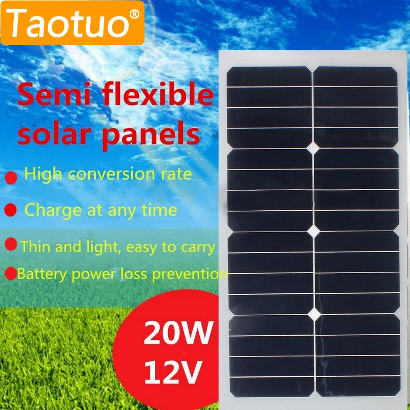 

20W 12V Solar Panel Monocrystalline Silicon Semi Portable Flexible Solar Board Power Generater For Battery RV Car Boat Aircraft